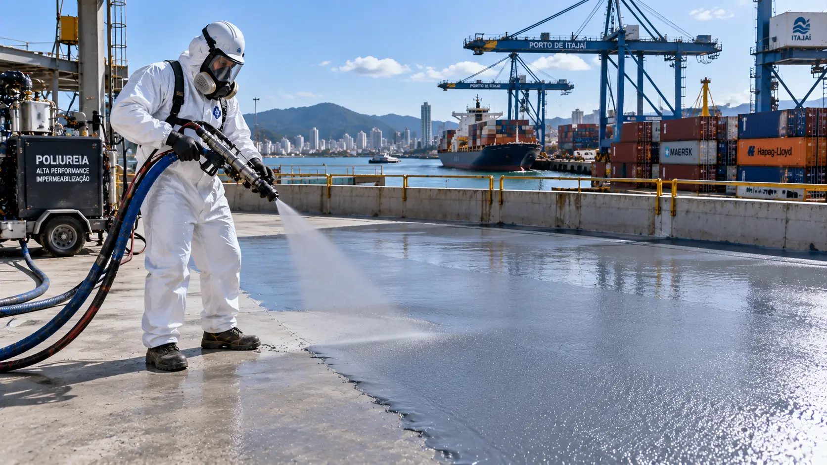 Aplicação de impermeabilização com poliureia pura projetada a quente em Itajaí
