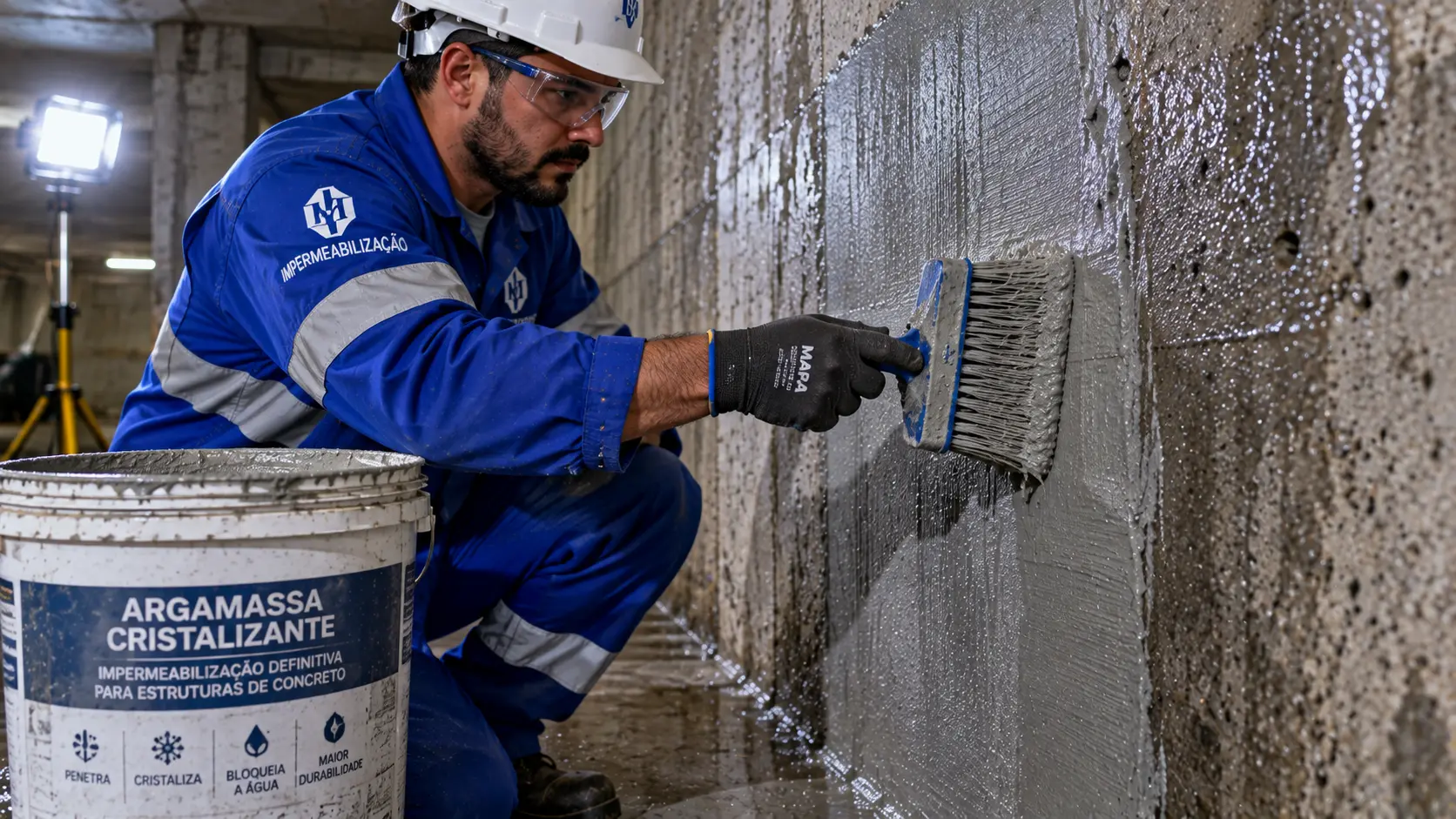 Aplicação técnica de cristalização estrutural e osmótica em parede de concreto em Itajaí