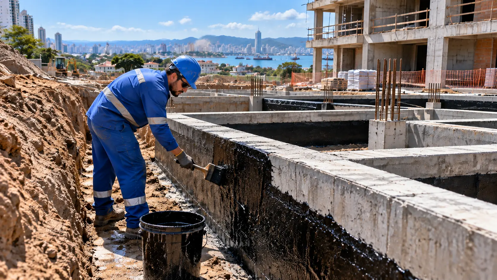 Aplicação de impermeabilização em viga baldrame e fundação de alvenaria em Itajaí