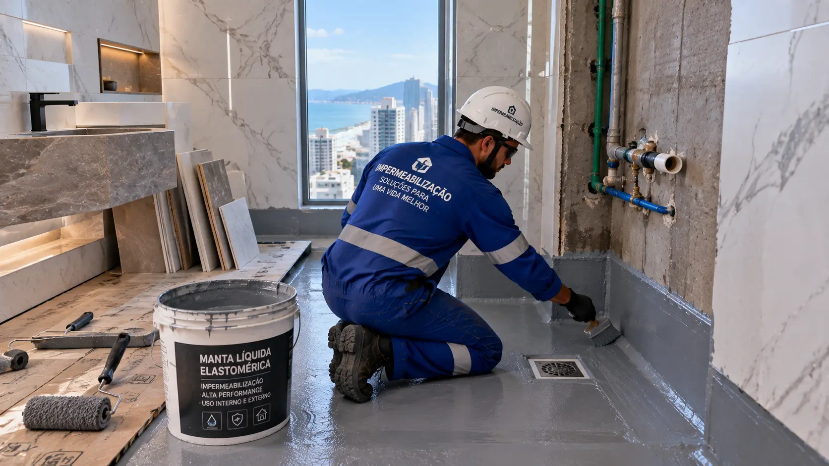 Impermeabilização técnica de banheiro e área molhada em reforma residencial em Itajaí