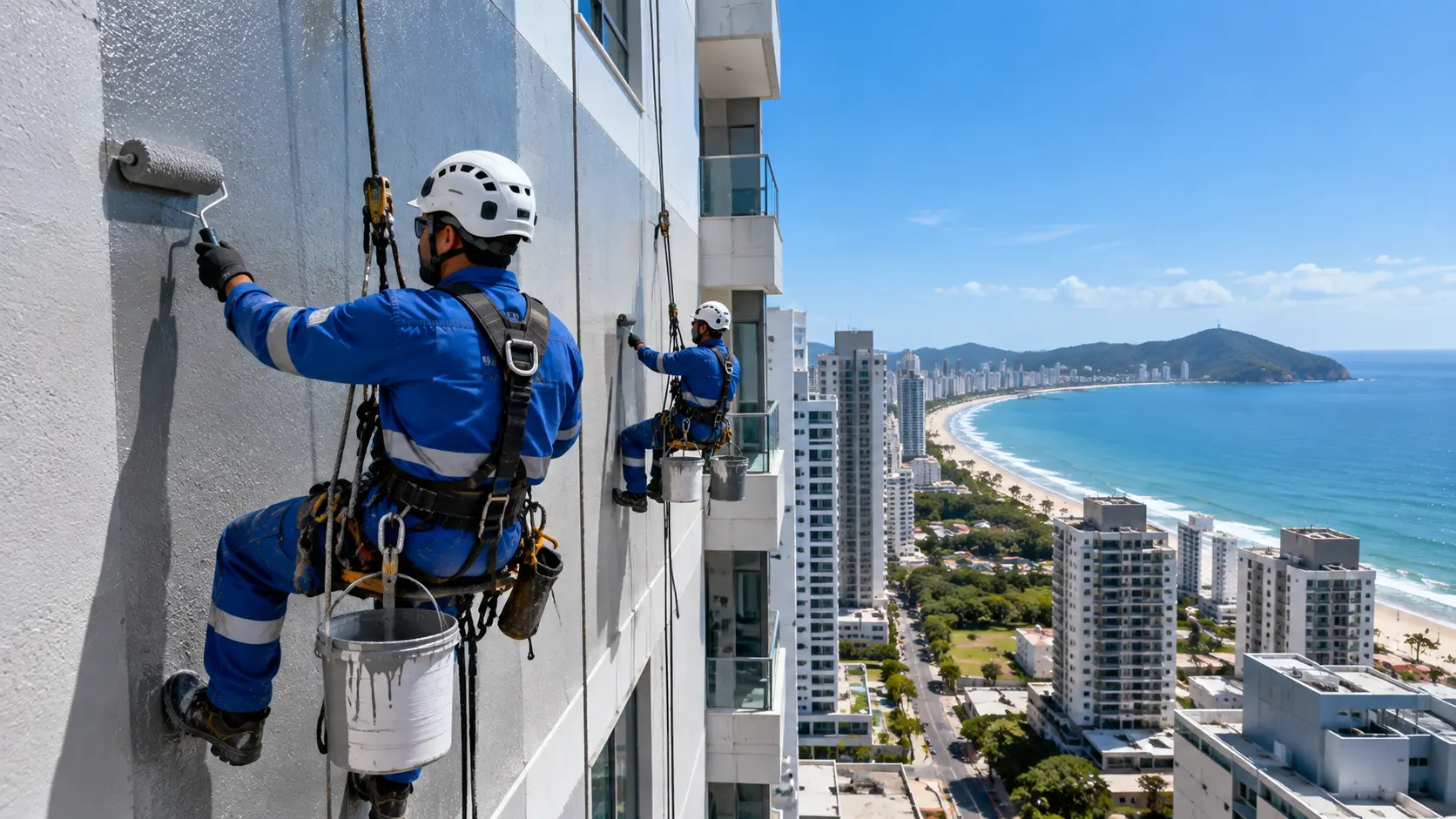 Impermeabilização e restauração de fachada predial em altura em Itajaí