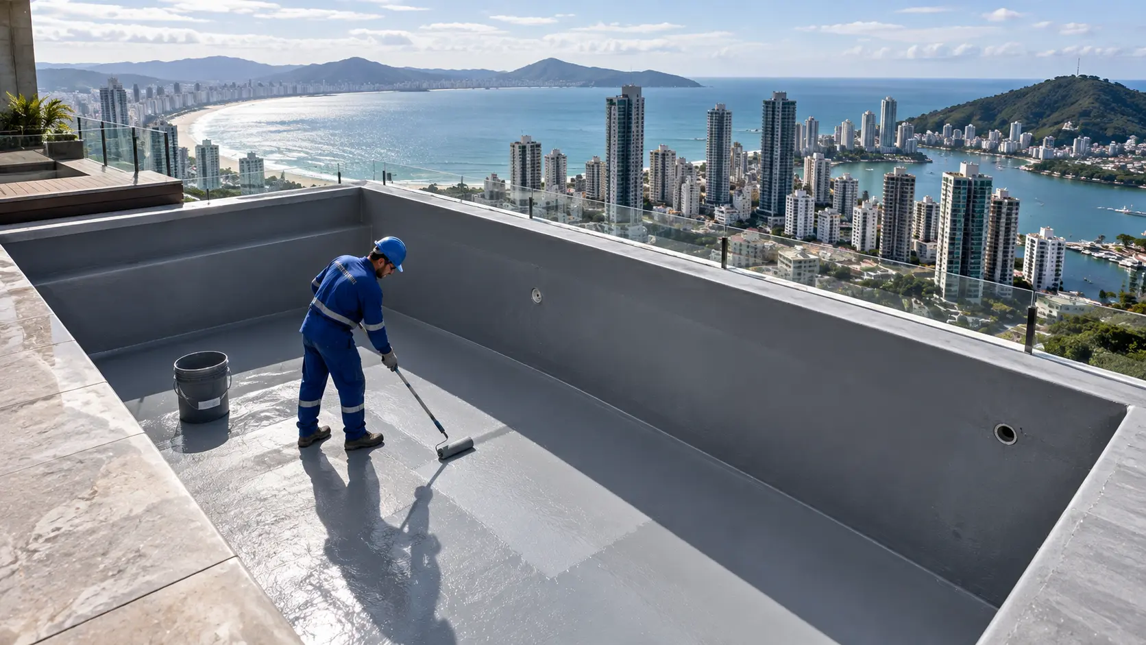 Aplicação técnica de impermeabilização em piscina de concreto e borda infinita em Itajaí