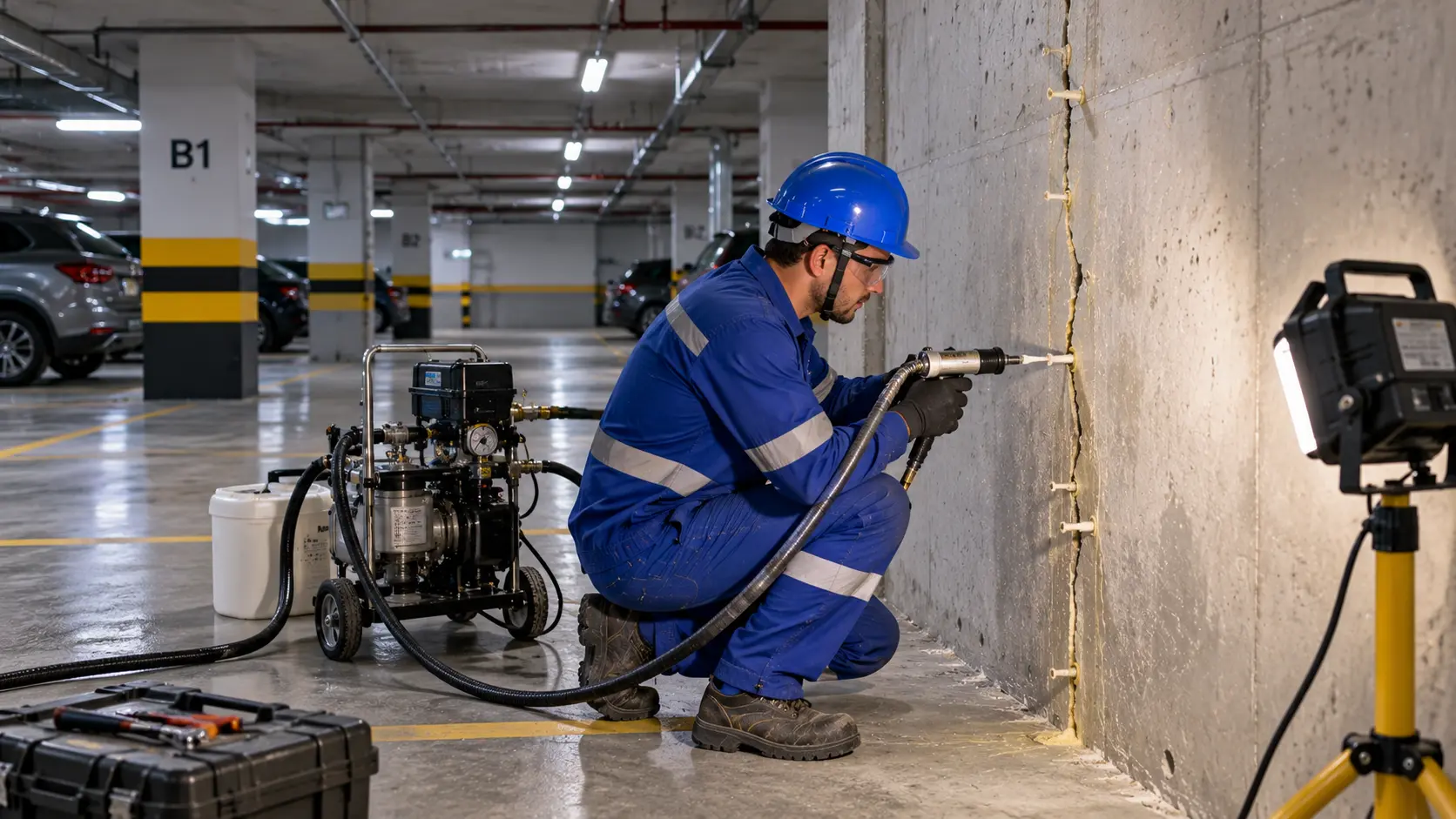 Tratamento e impermeabilização de pressão negativa em subsolo e garagem predial em Itajaí