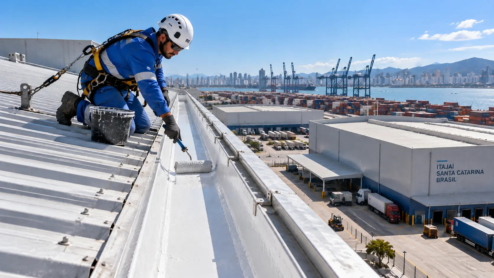 Aplicação de impermeabilização e vedação em telhado metálico e calha industrial em Itajaí
