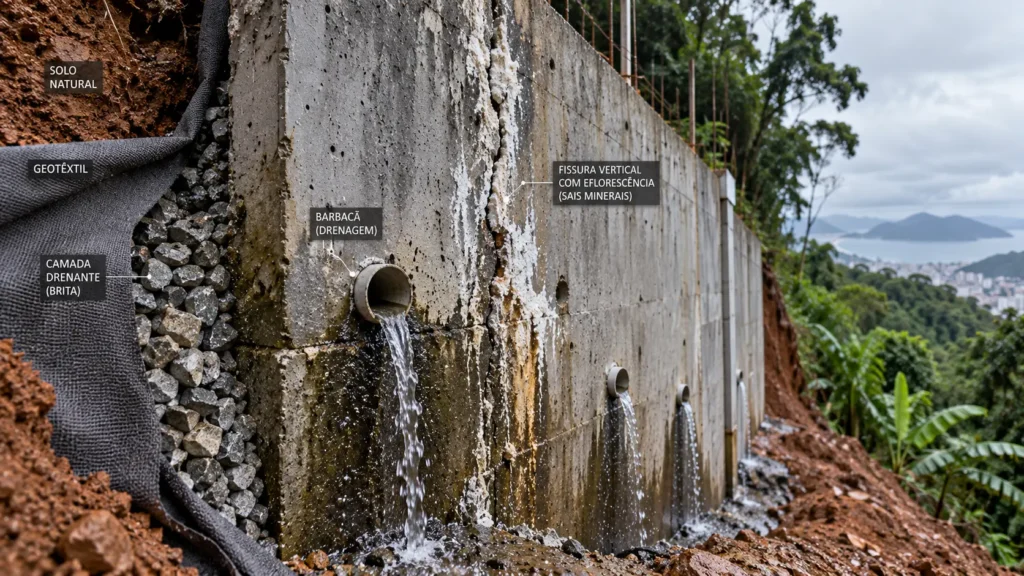 Patologia e drenagem de encosta em muro de arrimo de concreto nos morros de Itajaí
